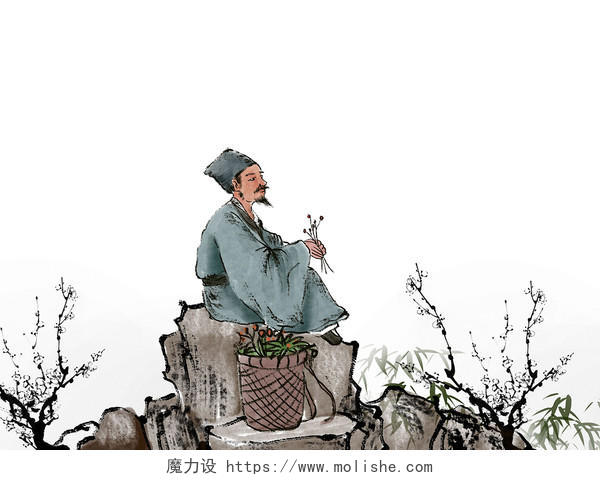 彩色手绘古风古代中医师节中医医师大夫采药元素PNG素材